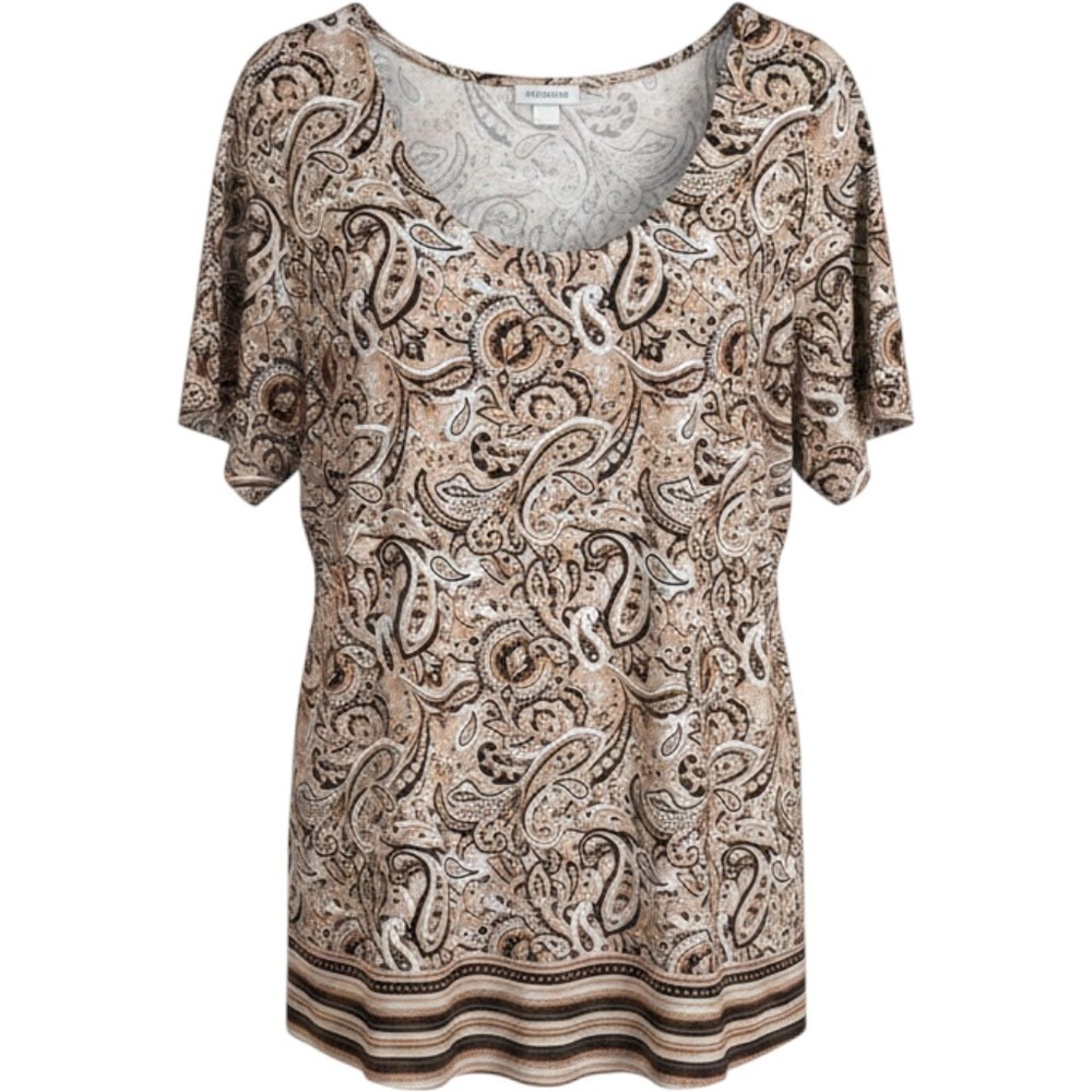 Boho Flowy Womens Plus 22/24 Paisley Scoop Neck Tunic Top Tan Black Stretch